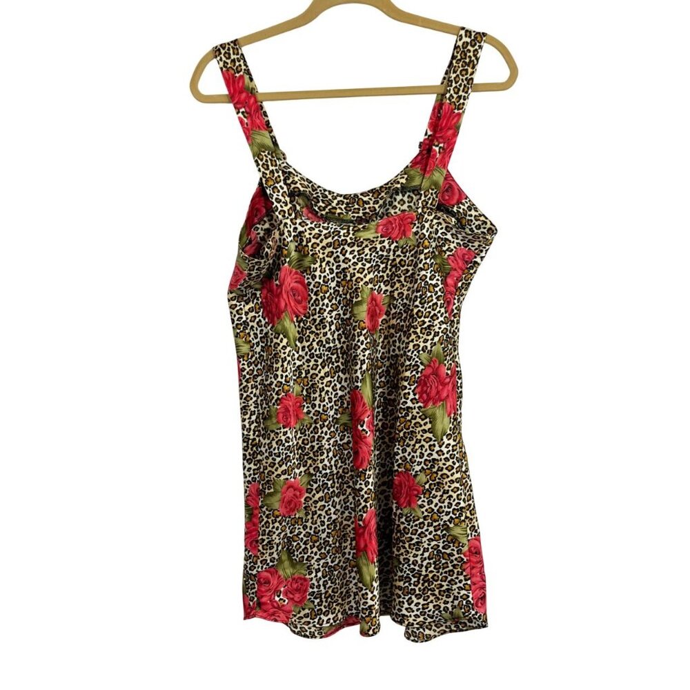 Vintage Leopard Floral Satin Mini Slip Dress Bow Scoop Neck Y2K‎ 90s Size Small - Picture 2 of 8